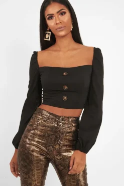 Rebellious Fashion Black Button Front Puff Sleeve Crop Top - Analiese
