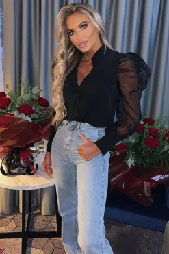 Rebellious Fashion Black Button Front Sheer Long Sleeve Shirt - Fay