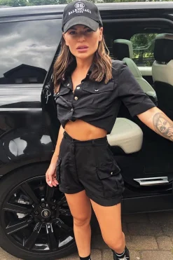 Rebellious Fashion Black Button Front Utility Shirt Shorts Co-ord - Galia