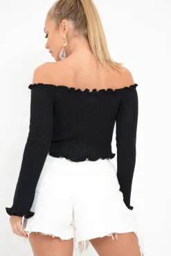 Rebellious Fashion Black Button Up Cropped Bardot Jumper - Cielo