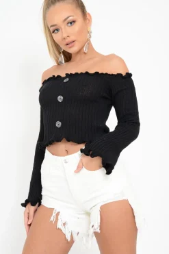 Rebellious Fashion Black Button Up Cropped Bardot Jumper - Cielo