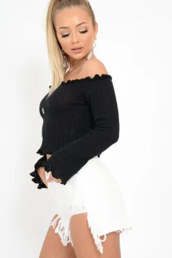 Rebellious Fashion Black Button Up Cropped Bardot Jumper - Cielo