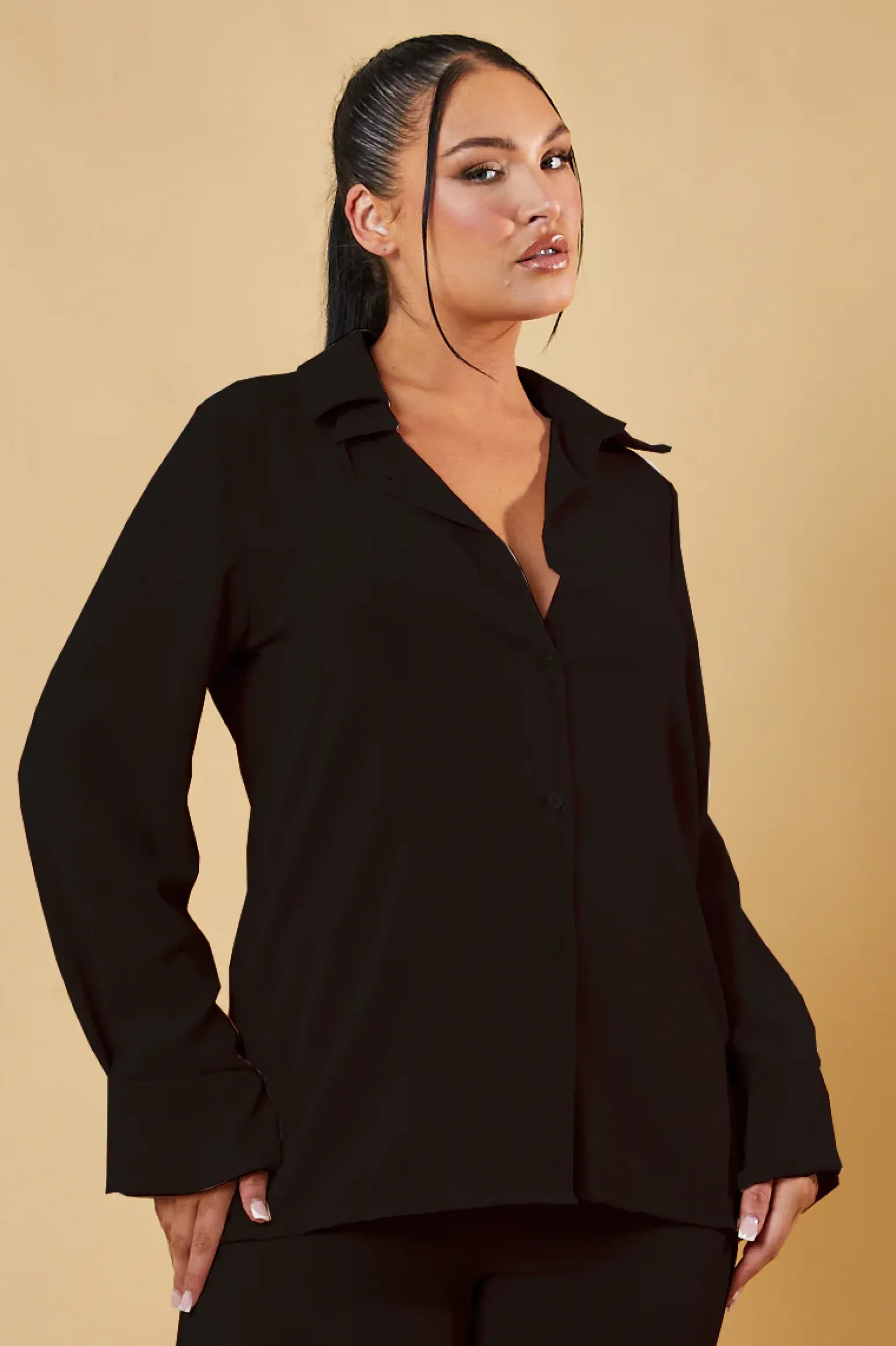 Rebellious Fashion Black Button Up Front Shirt & Wide Leg Trouser Co-ord - Alicia
