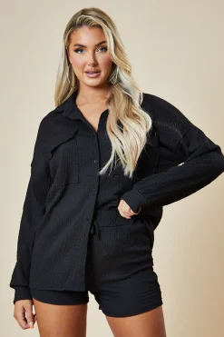 Rebellious Fashion Black Button Up Front Shirt & Shorts Co-ord Set - Hoshi
