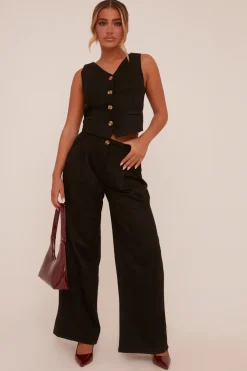 Rebellious Fashion Black Button Up Front Waistcoat - Dinara