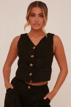 Rebellious Fashion Black Button Up Front Waistcoat - Dinara