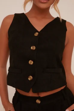 Rebellious Fashion Black Button Up Front Waistcoat - Dinara