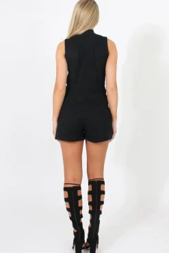 Rebellious Fashion Black Button Up Playsuit - Magda