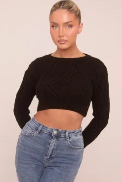 Rebellious Fashion Black Cable Chunky Long Sleeves Cropped Jumper - Justyna