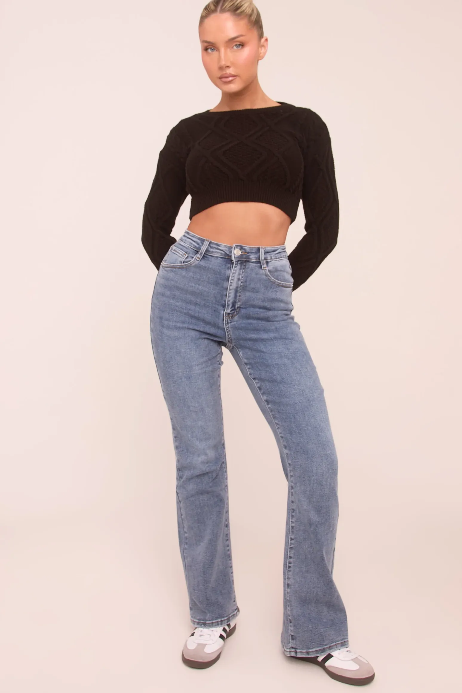 Rebellious Fashion Black Cable Chunky Long Sleeves Cropped Jumper - Justyna