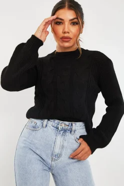 Rebellious Fashion Black Cable Front Round Neck Jumper - Idah