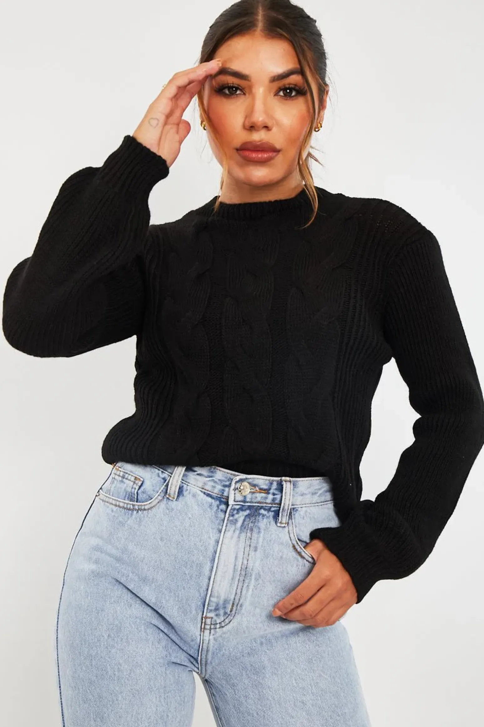 Rebellious Fashion Black Cable Front Round Neck Jumper - Idah