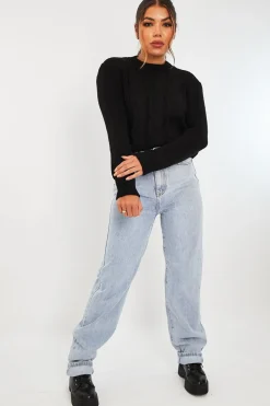 Rebellious Fashion Black Cable Front Round Neck Jumper - Idah