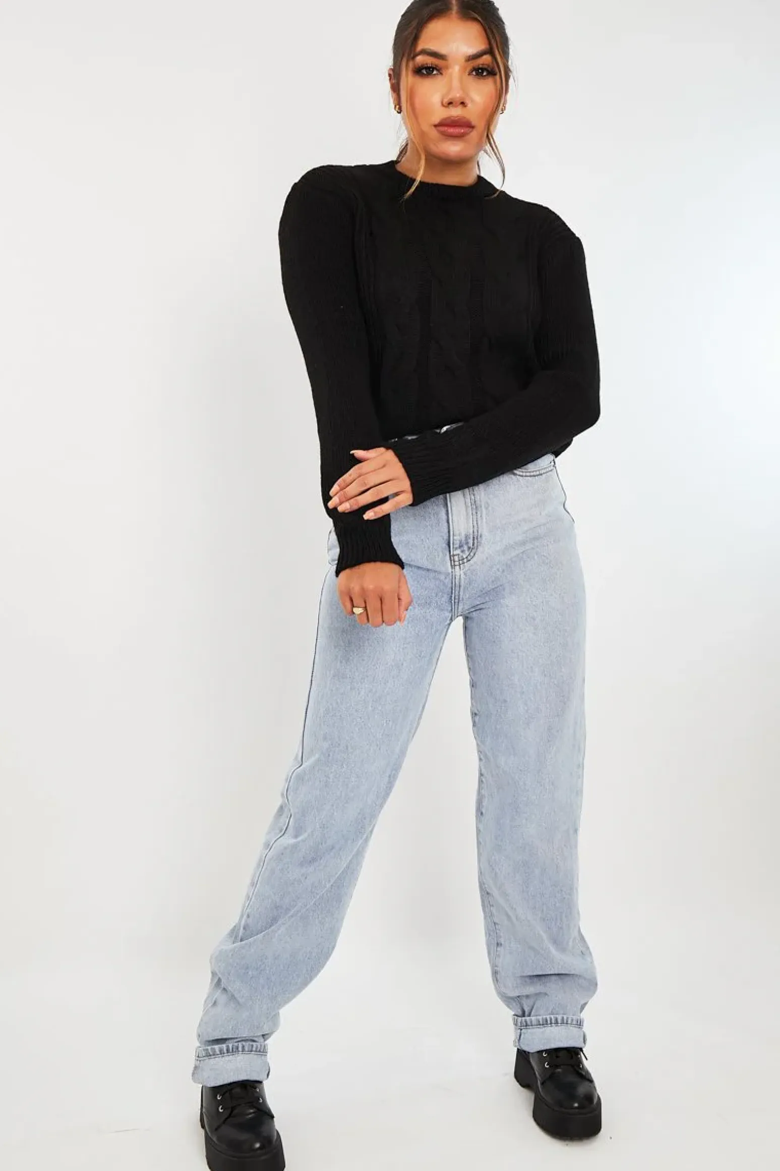 Rebellious Fashion Black Cable Front Round Neck Jumper - Idah