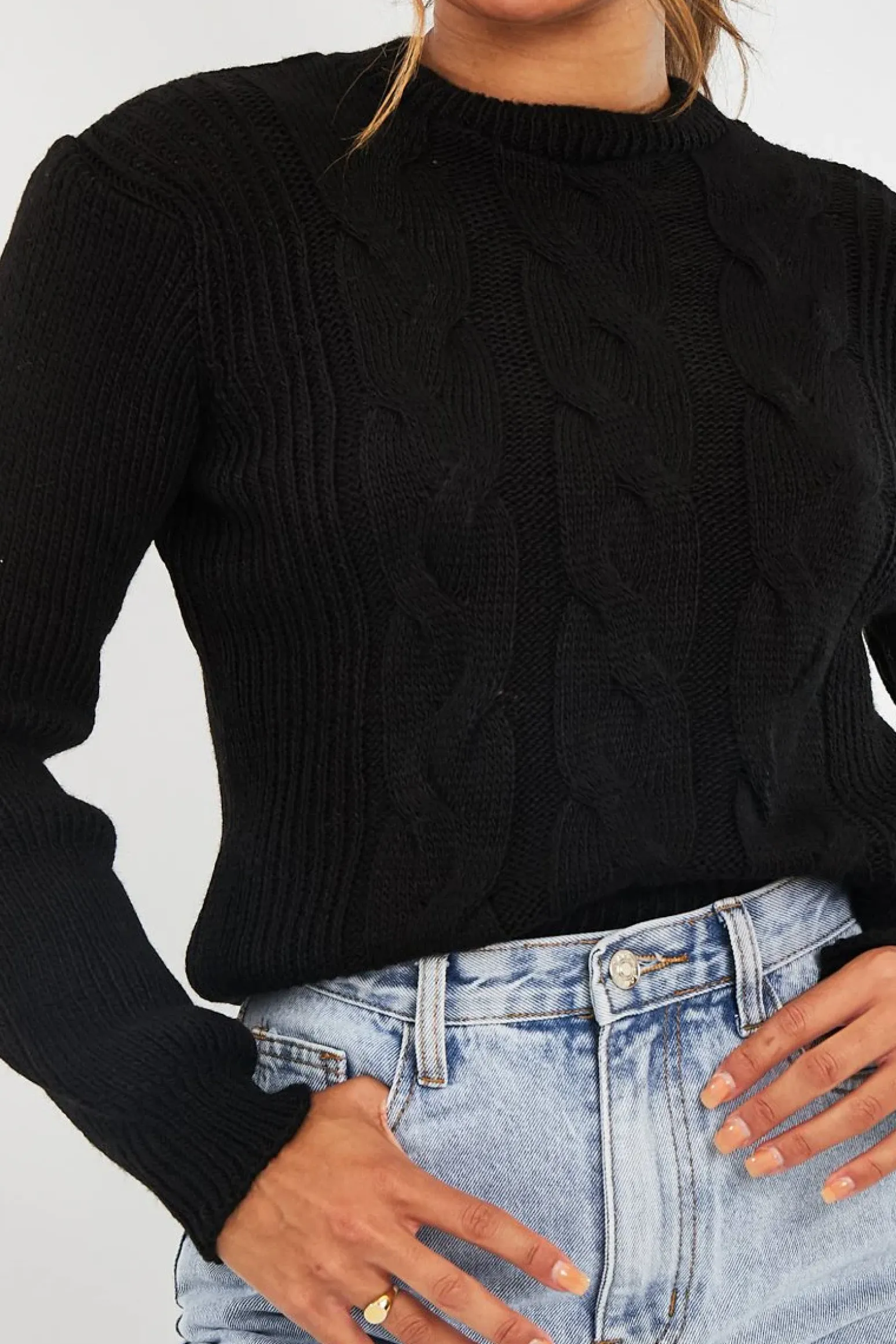Rebellious Fashion Black Cable Front Round Neck Jumper - Idah