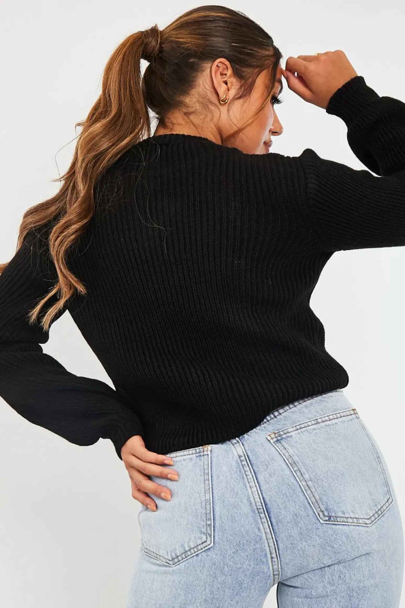 Rebellious Fashion Black Cable Front Round Neck Jumper - Idah
