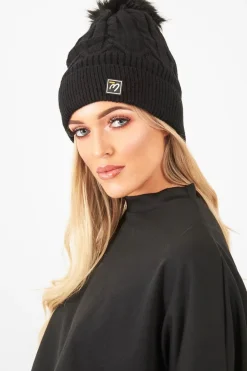 Rebellious Fashion Black Cable Knit Bobble Hat - Lillyona