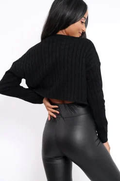 Rebellious Fashion Black Cable Knit Cropped Jumper - Georgie