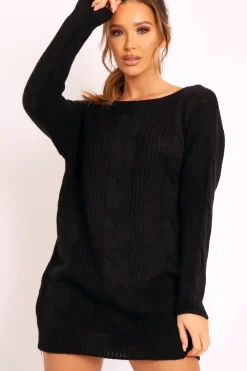 Rebellious Fashion Black Cable Knit Off Shoulder Jumper Dress - Berry