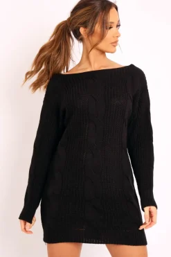 Rebellious Fashion Black Cable Knit Off Shoulder Jumper Dress - Berry