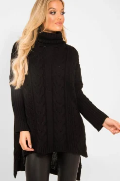 Rebellious Fashion Black Cable Knit Roll Neck Jumper - Laraina