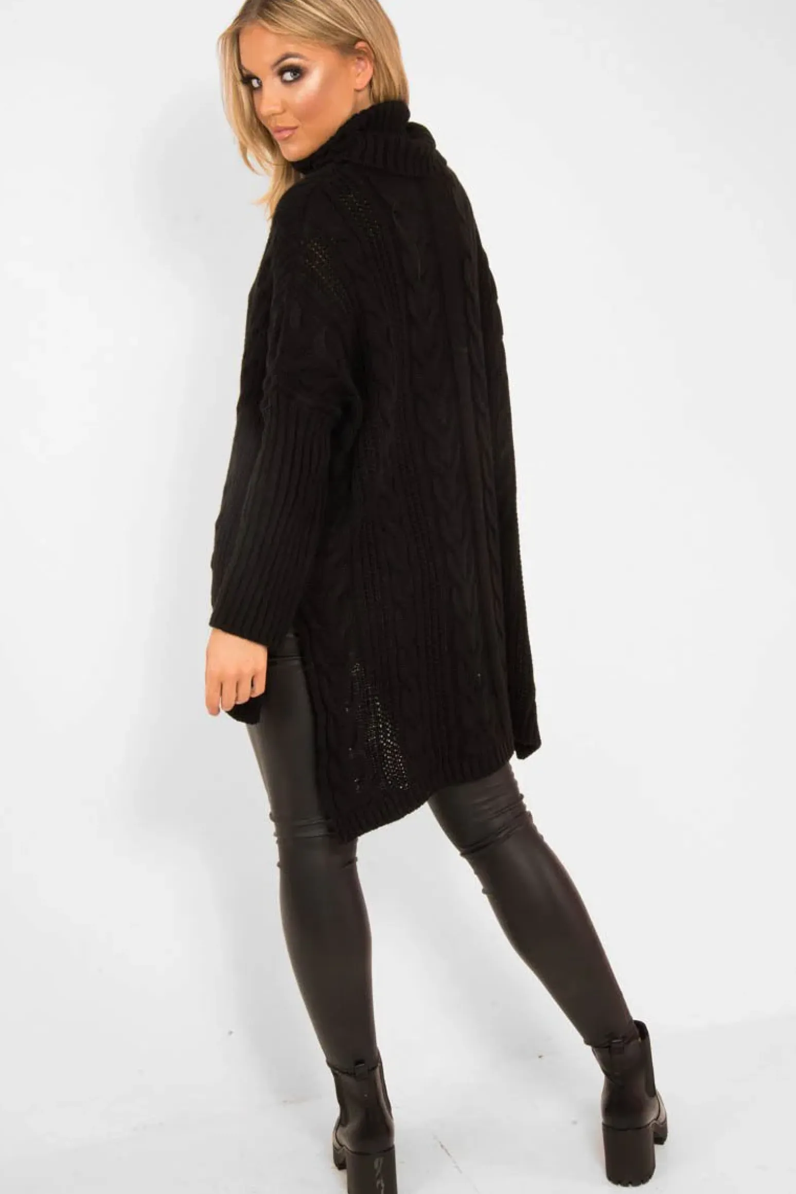 Rebellious Fashion Black Cable Knit Roll Neck Jumper - Laraina