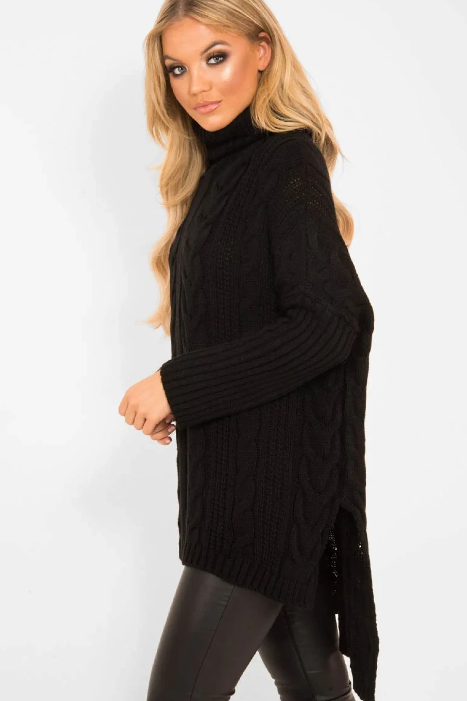 Rebellious Fashion Black Cable Knit Roll Neck Jumper - Laraina