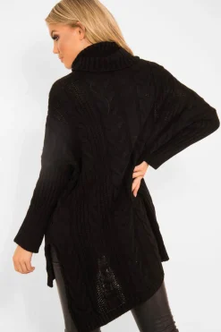 Rebellious Fashion Black Cable Knit Roll Neck Jumper - Laraina