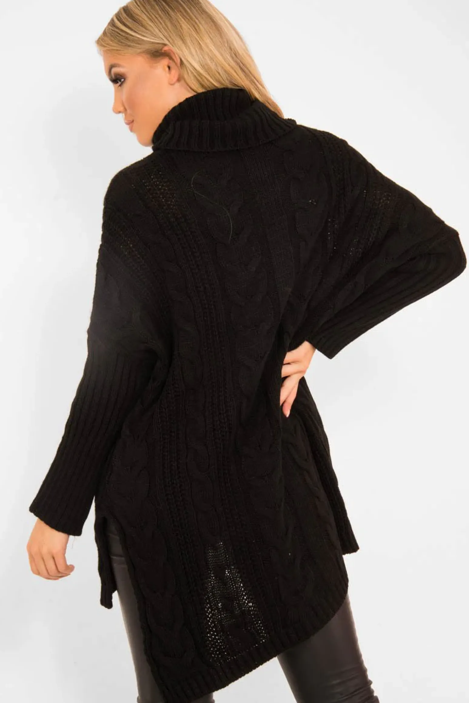 Rebellious Fashion Black Cable Knit Roll Neck Jumper - Laraina