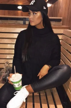 Rebellious Fashion Black Cable Knit Roll Neck Jumper - Laraina