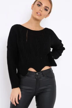 Rebellious Fashion Black Cable Knit Scalloped Hem Jumper - Lilliana