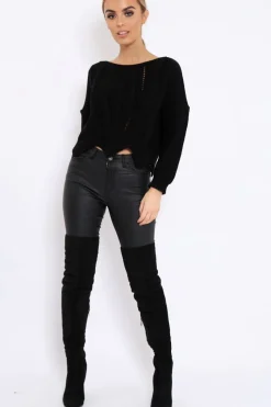 Rebellious Fashion Black Cable Knit Scalloped Hem Jumper - Lilliana