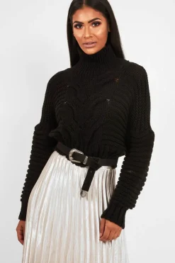 Rebellious Fashion Black Cable Knit Sleeve Detail Jumper - Miyonna