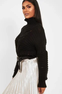 Rebellious Fashion Black Cable Knit Sleeve Detail Jumper - Miyonna