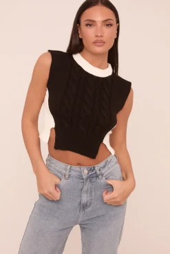 Rebellious Fashion Black Cable Knit Sleeveless Cropped Jumper - Cleo
