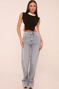 Rebellious Fashion Black Cable Knit Sleeveless Cropped Jumper - Cleo