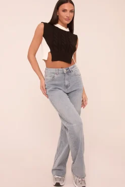 Rebellious Fashion Black Cable Knit Sleeveless Cropped Jumper - Cleo