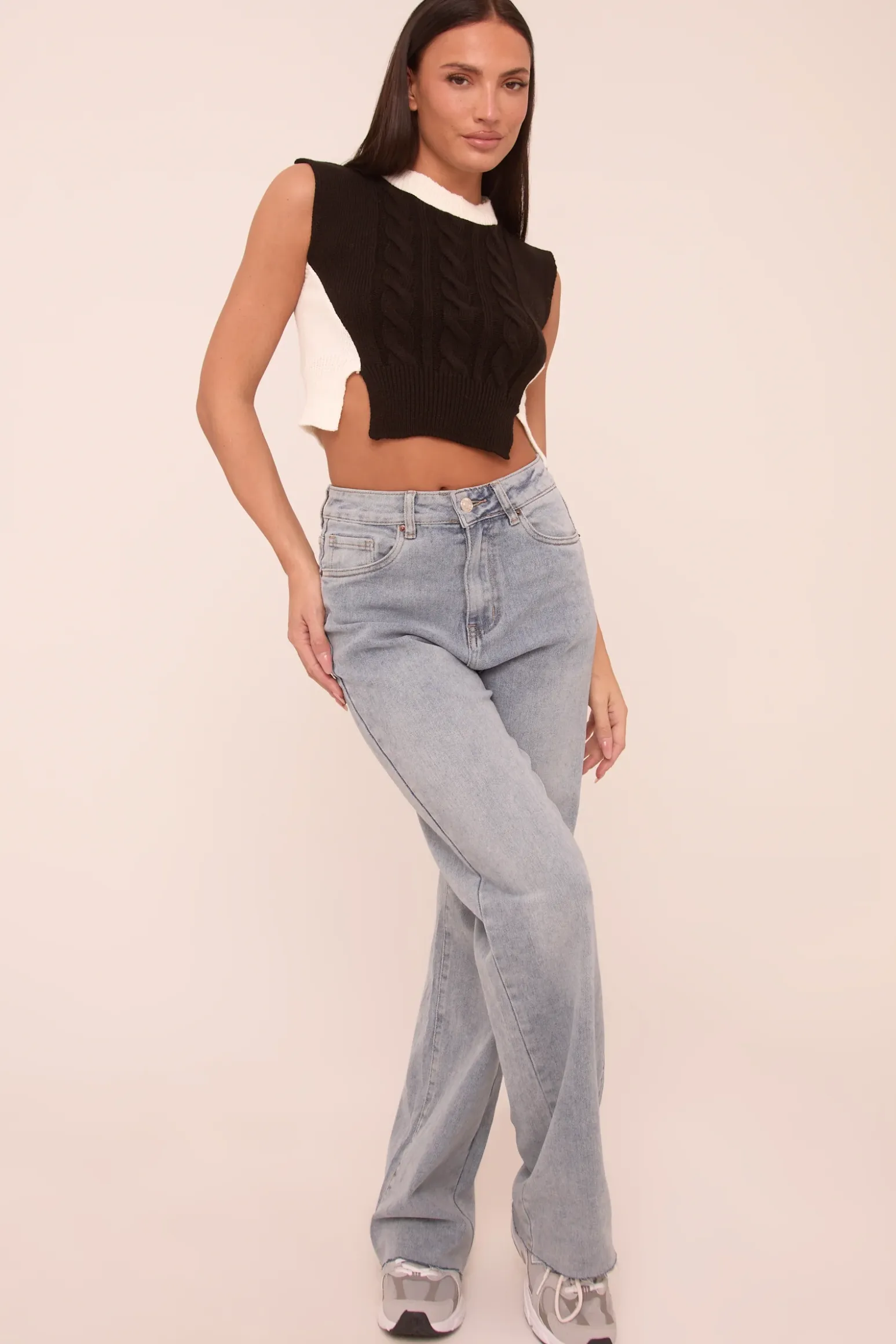 Rebellious Fashion Black Cable Knit Sleeveless Cropped Jumper - Cleo