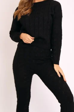 Rebellious Fashion Black Cable Knit Sweater and Leggings Loungewear Co-ord - Ionia