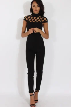 Rebellious Fashion Black Cage Detail Jumpsuit - Aurelia