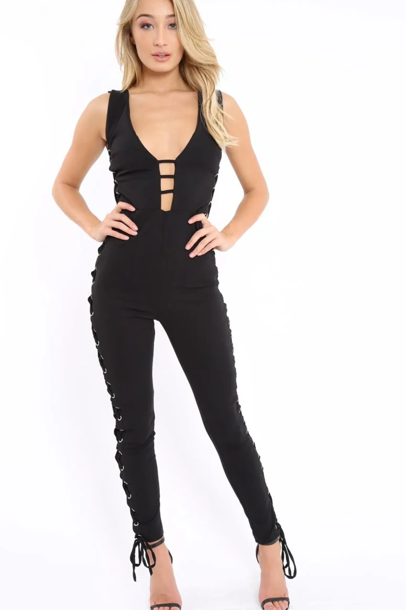 Rebellious Fashion Black Caged Side Lace Jumpsuit - Melody