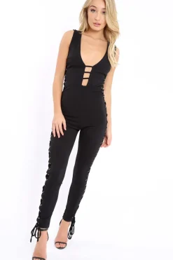Rebellious Fashion Black Caged Side Lace Jumpsuit - Melody