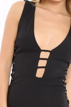 Rebellious Fashion Black Caged Side Lace Jumpsuit - Melody
