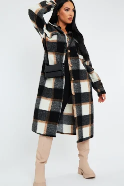 Rebellious Fashion Black Camel Check Pocket Front Longline Shacket - Sanii