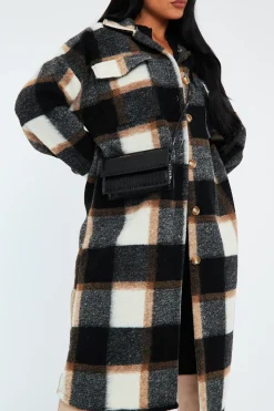 Rebellious Fashion Black Camel Check Pocket Front Longline Shacket - Sanii