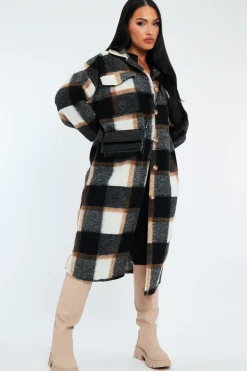 Rebellious Fashion Black Camel Check Pocket Front Longline Shacket - Sanii
