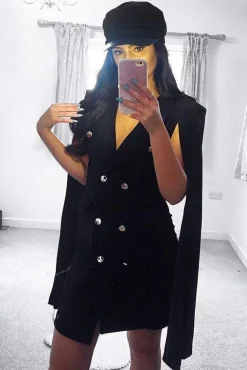 Rebellious Fashion Black Cape Style Blazer Dress - Rosy