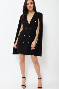 Rebellious Fashion Black Cape Style Blazer Dress - Rosy