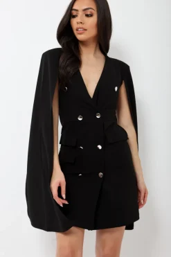 Rebellious Fashion Black Cape Style Blazer Dress - Rosy