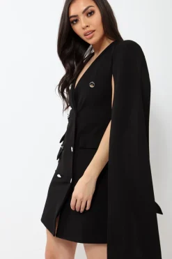 Rebellious Fashion Black Cape Style Blazer Dress - Rosy